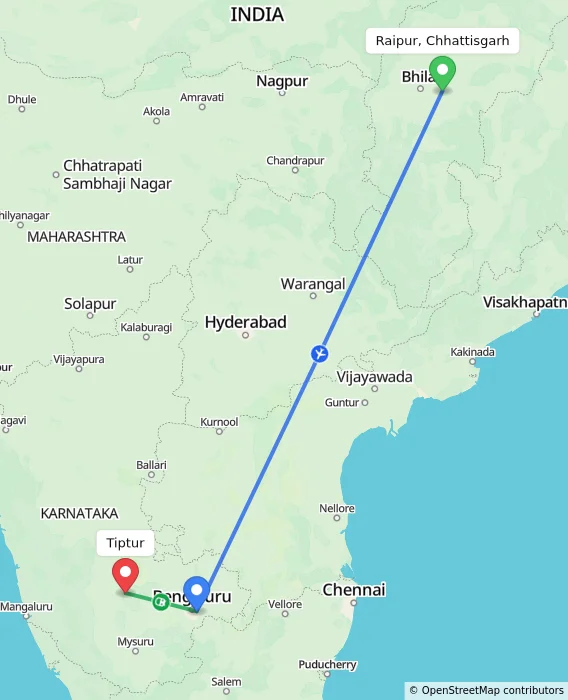 Route map showing distance and travel time from Raipur, Chhattisgarh, India to Tiptur, India