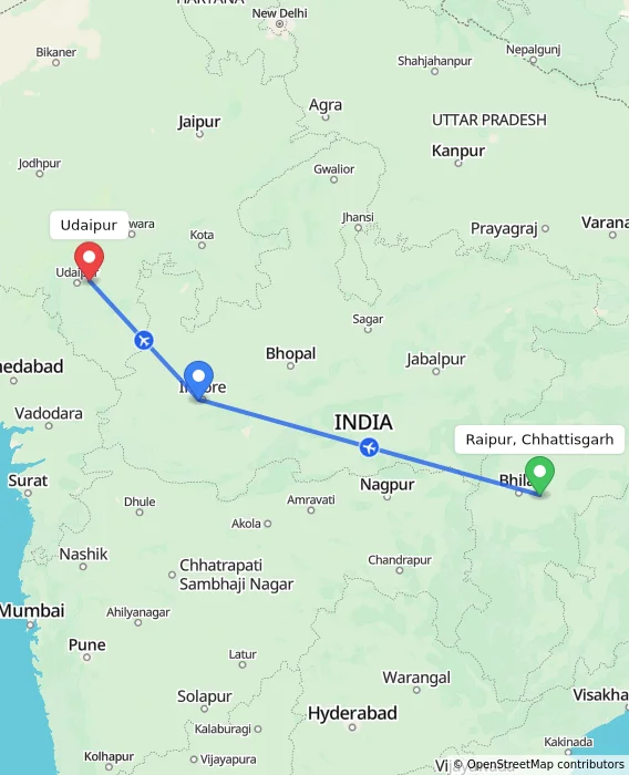 Route map showing distance and travel time from Raipur, Chhattisgarh, India to Udaipur, India