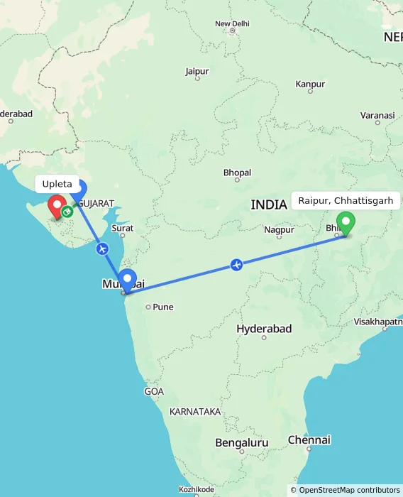 Route map showing distance and travel time from Raipur, Chhattisgarh, India to Upleta, India
