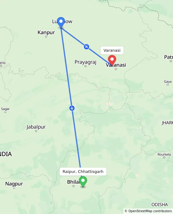 Route map showing distance and travel time from Raipur, Chhattisgarh, India to Varanasi, India