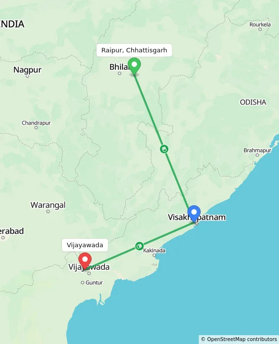 Route map showing distance and travel time from Raipur, Chhattisgarh, India to Vijayawada, India
