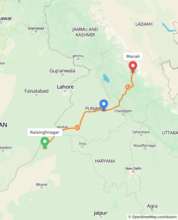 Route map showing distance and travel time from Raisinghnagar, India to Manali, India