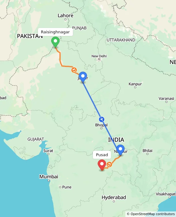 Route map showing distance and travel time from Raisinghnagar, India to Pusad, India