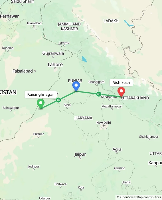 Route map showing distance and travel time from Raisinghnagar, India to Rishikesh, India