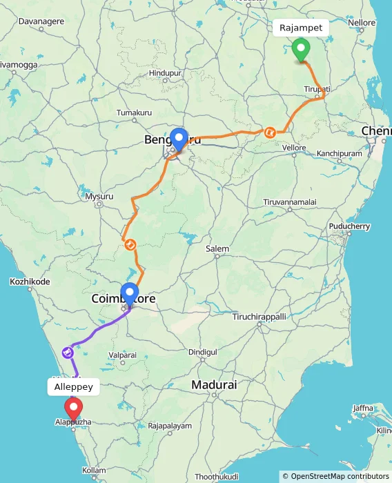 Route map showing distance and travel time from Rajampet, India to Alappuzha, India