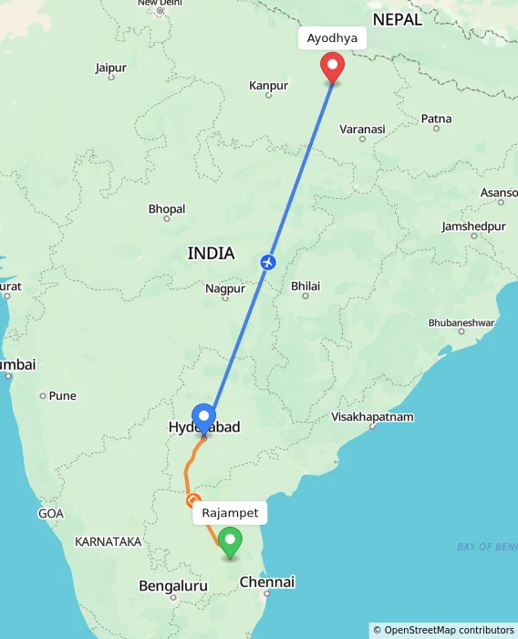 Route map showing distance and travel time from Rajampet, India to Ayodhya, India