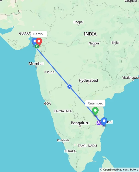 Route map showing distance and travel time from Rajampet, India to Bardoli, India