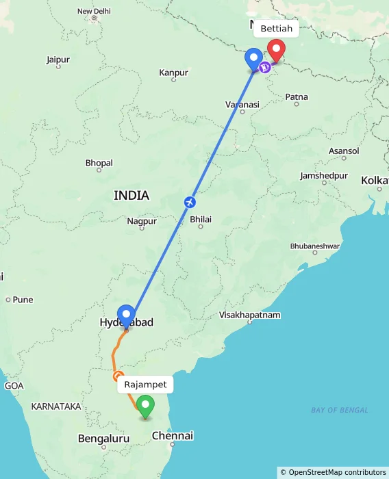 Route map showing distance and travel time from Rajampet, India to Bettiah, India