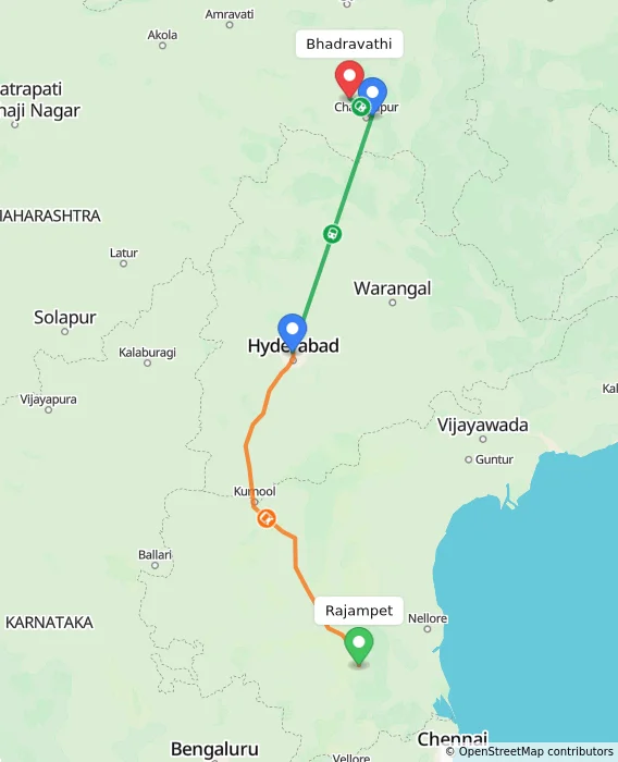 Route map showing distance and travel time from Rajampet, India to Bhadravathi, India
