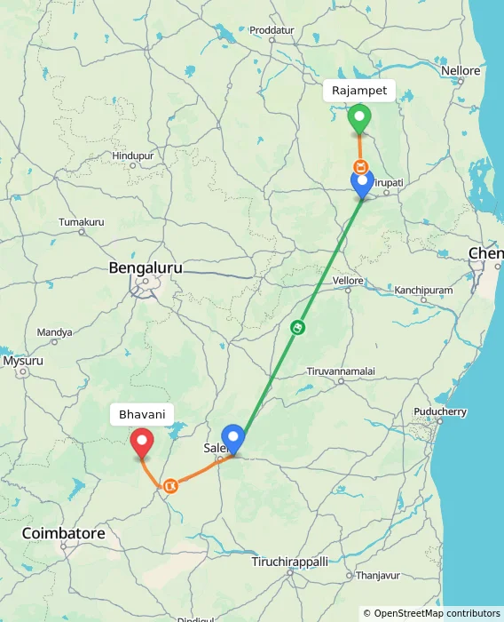 Route map showing distance and travel time from Rajampet, India to Bhavani, India