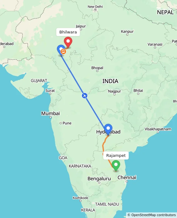 Route map showing distance and travel time from Rajampet, India to Bhilwara, India