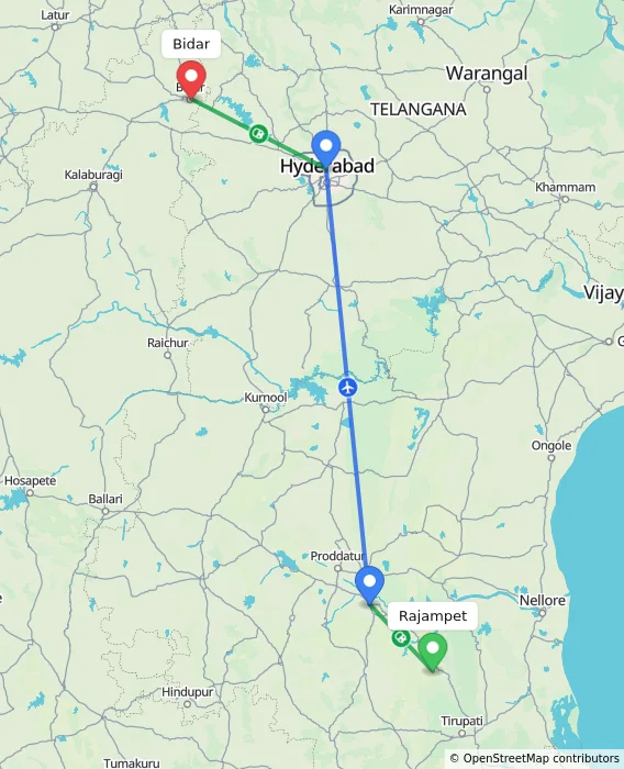 Route map showing distance and travel time from Rajampet, India to Bidar, India