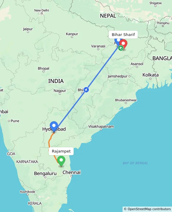 Route map showing distance and travel time from Rajampet, India to Bihar Sharif, India