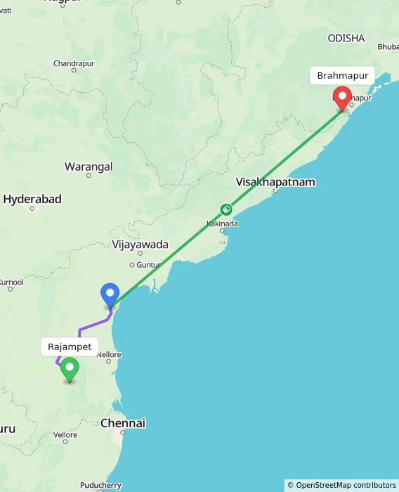Route map showing distance and travel time from Rajampet, India to Brahmapur, India