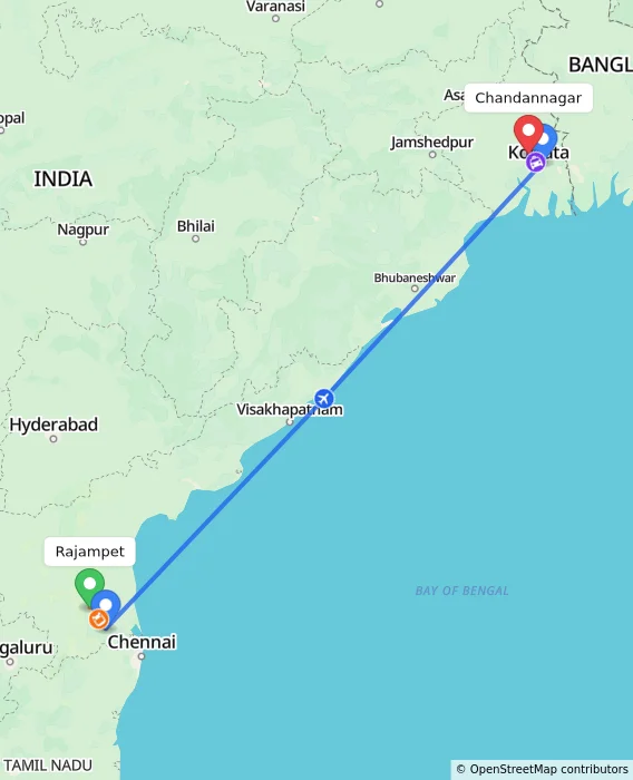Route map showing distance and travel time from Rajampet, India to Chandannagar, India