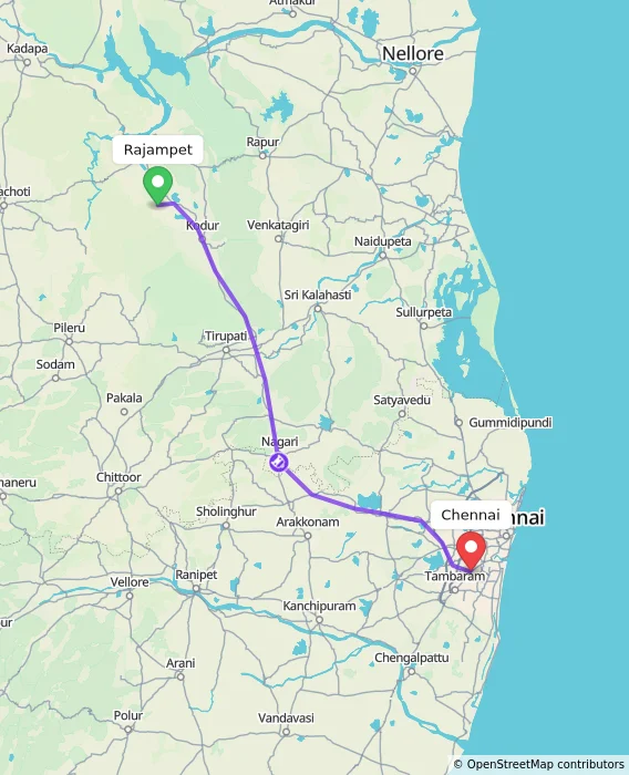 Route map showing distance and travel time from Rajampet, India to Chennai, India