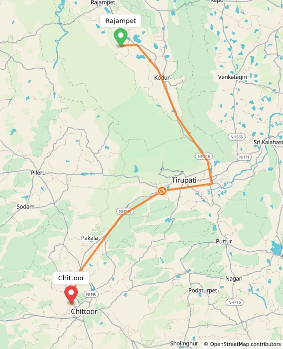 Route map showing distance and travel time from Rajampet, India to Chittoor, India