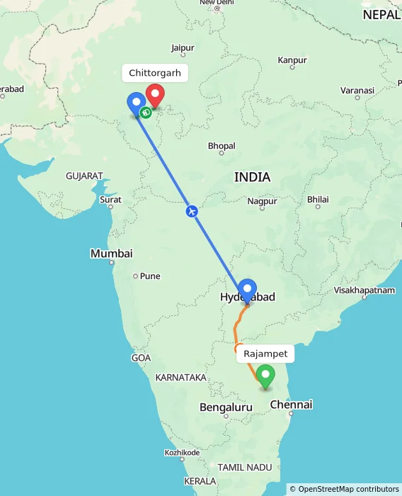 Route map showing distance and travel time from Rajampet, India to Chittorgarh, India
