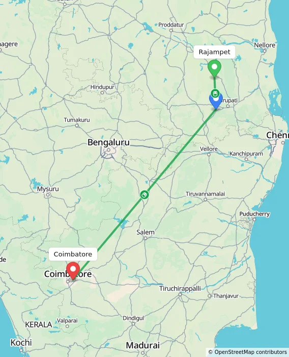 Route map showing distance and travel time from Rajampet, India to Coimbatore, India