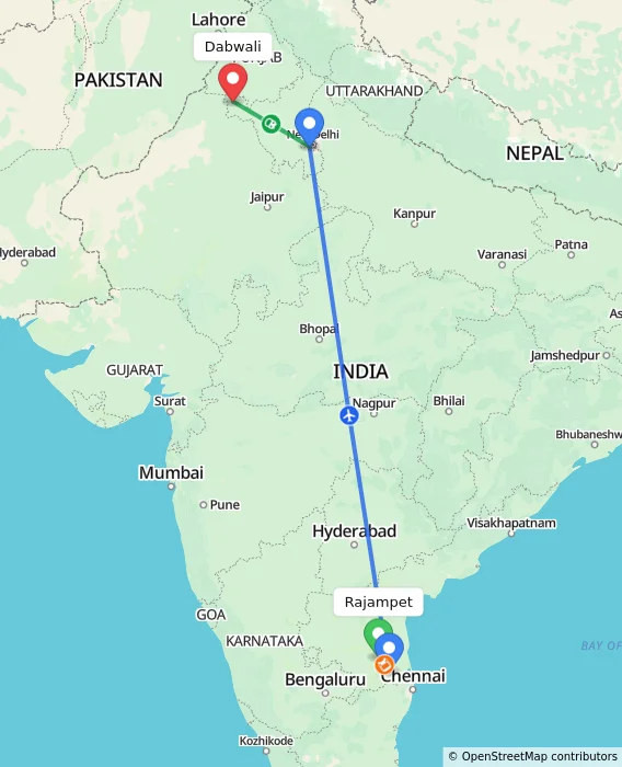 Route map showing distance and travel time from Rajampet, India to Dabwali, India