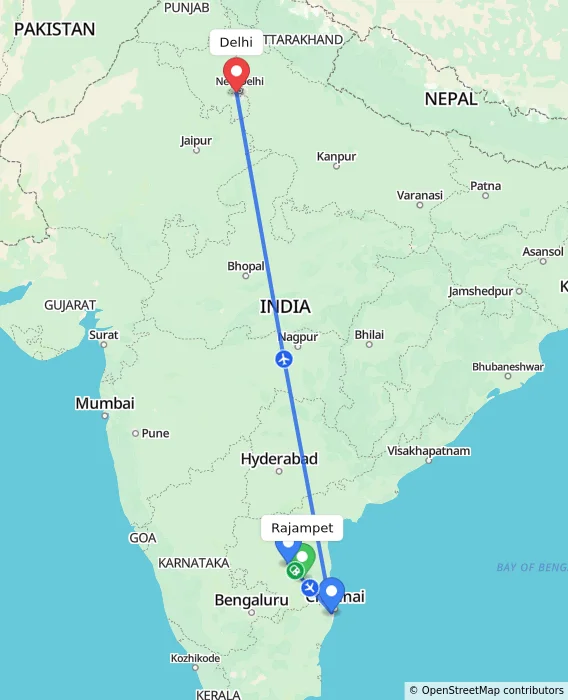 Route map showing distance and travel time from Rajampet, India to Delhi, India