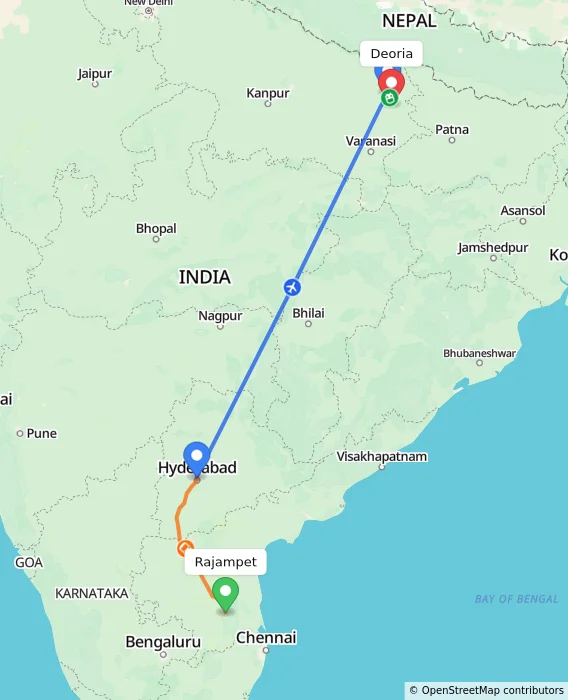 Route map showing distance and travel time from Rajampet, India to Deoria, India