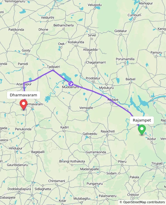 Route map showing distance and travel time from Rajampet, India to Dharmavaram, India
