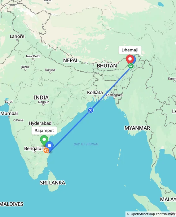 Route map showing distance and travel time from Rajampet, India to Dhemaji, India