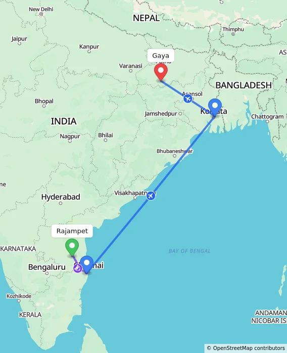 Route map showing distance and travel time from Rajampet, India to Gaya, India