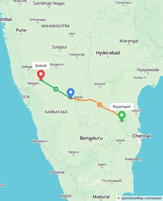 Route map showing distance and travel time from Rajampet, India to Gokak, India