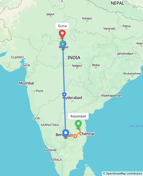 Route map showing distance and travel time from Rajampet, India to Guna, India