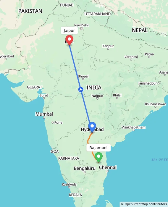 Route map showing distance and travel time from Rajampet, India to Jaipur, India