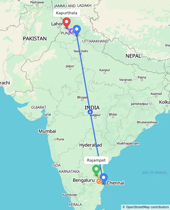 Route map showing distance and travel time from Rajampet, India to Kapurthala, India