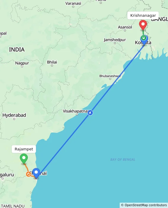 Route map showing distance and travel time from Rajampet, India to Krishnanagar, India