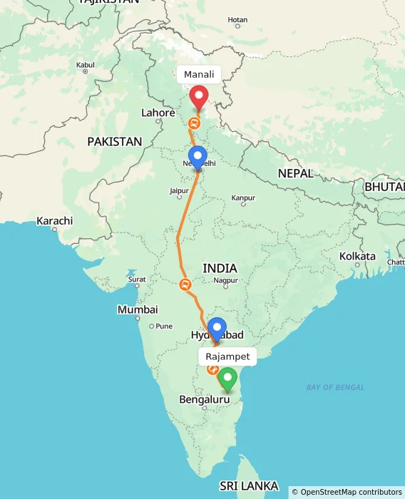 Route map showing distance and travel time from Rajampet, India to Manali, India