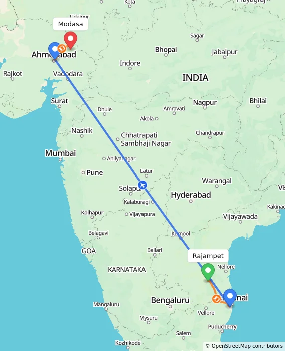 Route map showing distance and travel time from Rajampet, India to Modasa, India