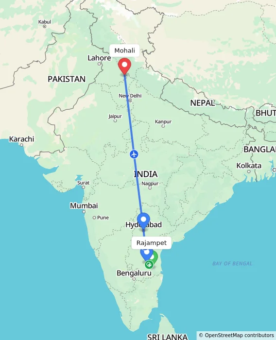Route map showing distance and travel time from Rajampet, India to Mohali, India