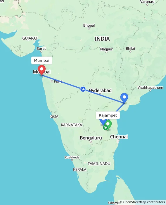 Route map showing distance and travel time from Rajampet, India to Mumbai, India