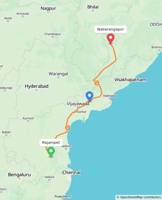 Route map showing distance and travel time from Rajampet, India to Nabarangapur, India