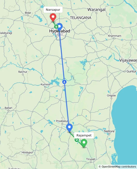 Route map showing distance and travel time from Rajampet, India to Narsapur, India