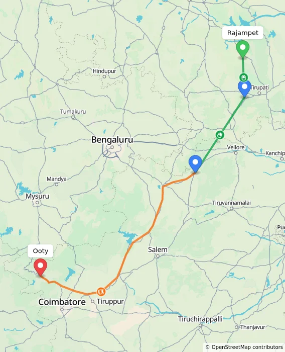 Route map showing distance and travel time from Rajampet, India to Ooty, India