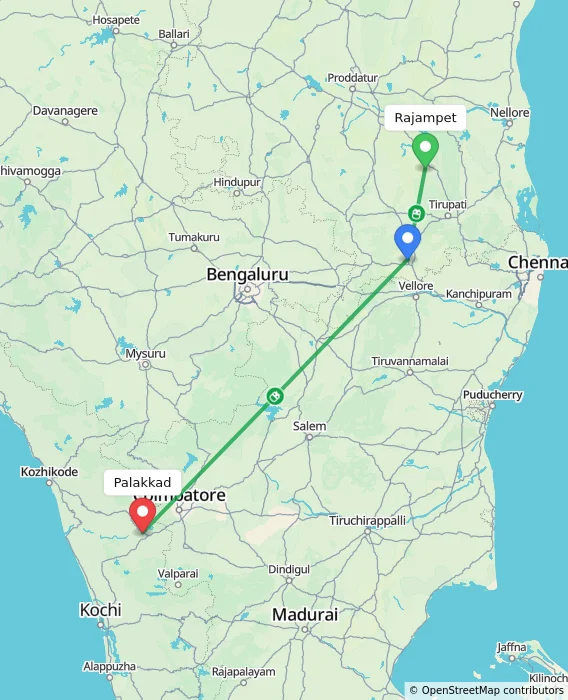 Route map showing distance and travel time from Rajampet, India to Palakkad, India