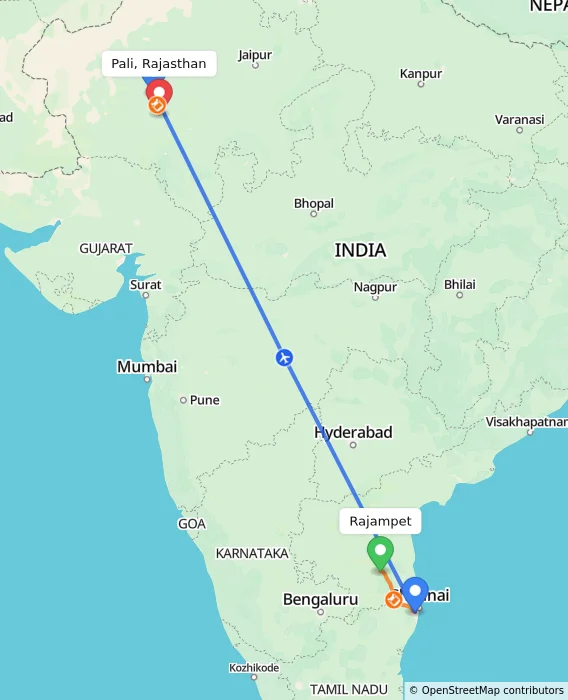 Route map showing distance and travel time from Rajampet, India to Pali, Rajasthan, India