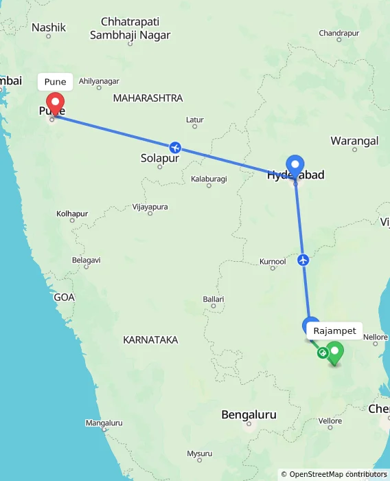 Route map showing distance and travel time from Rajampet, India to Pune, India