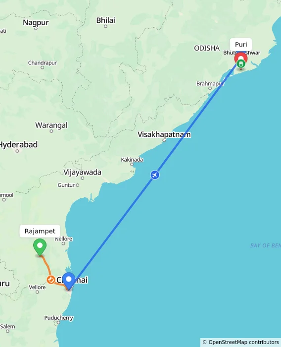 Route map showing distance and travel time from Rajampet, India to Puri, India
