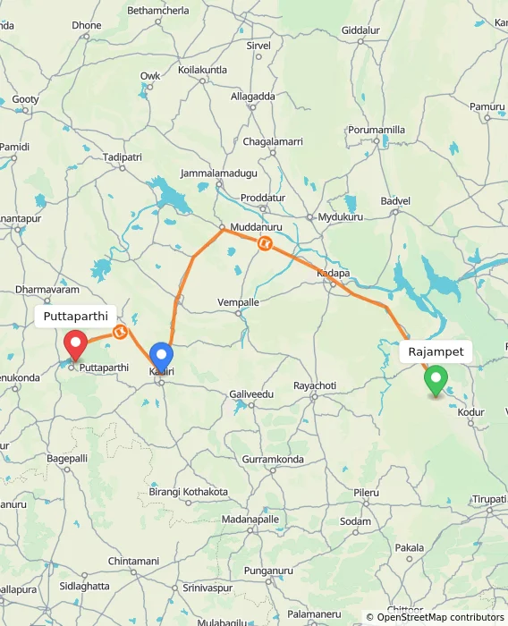 Route map showing distance and travel time from Rajampet, India to Puttaparthi, India