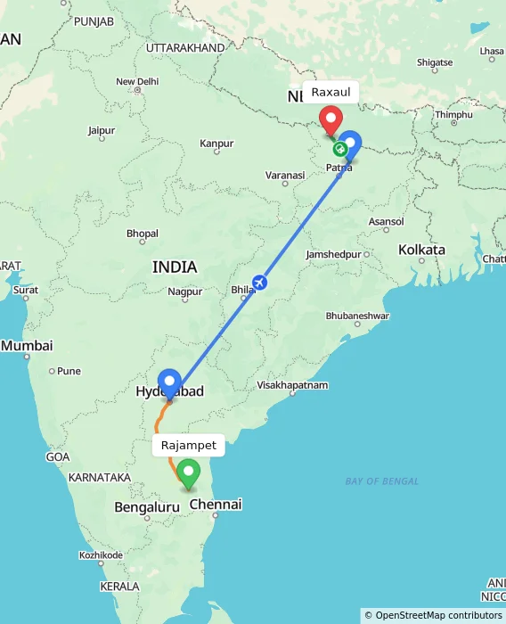 Route map showing distance and travel time from Rajampet, India to Raxaul, India