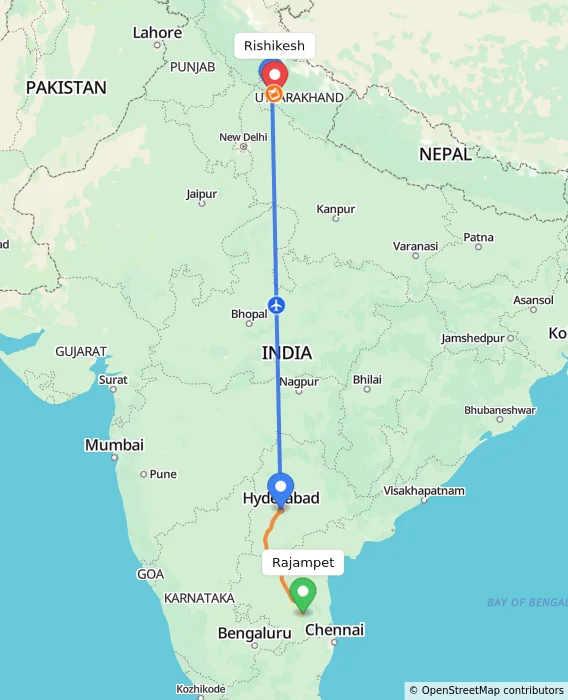 Route map showing distance and travel time from Rajampet, India to Rishikesh, India