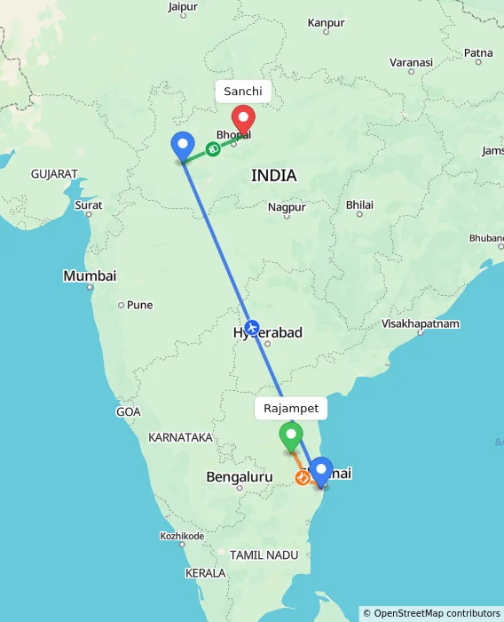 Route map showing distance and travel time from Rajampet, India to Sanchi, India