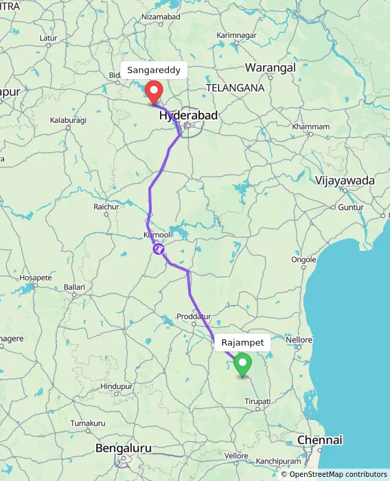 Route map showing distance and travel time from Rajampet, India to Sangareddy, India